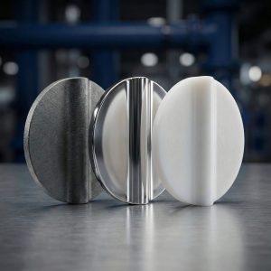 Three types of butterfly valve discs in different material options including stainless steel and polymer