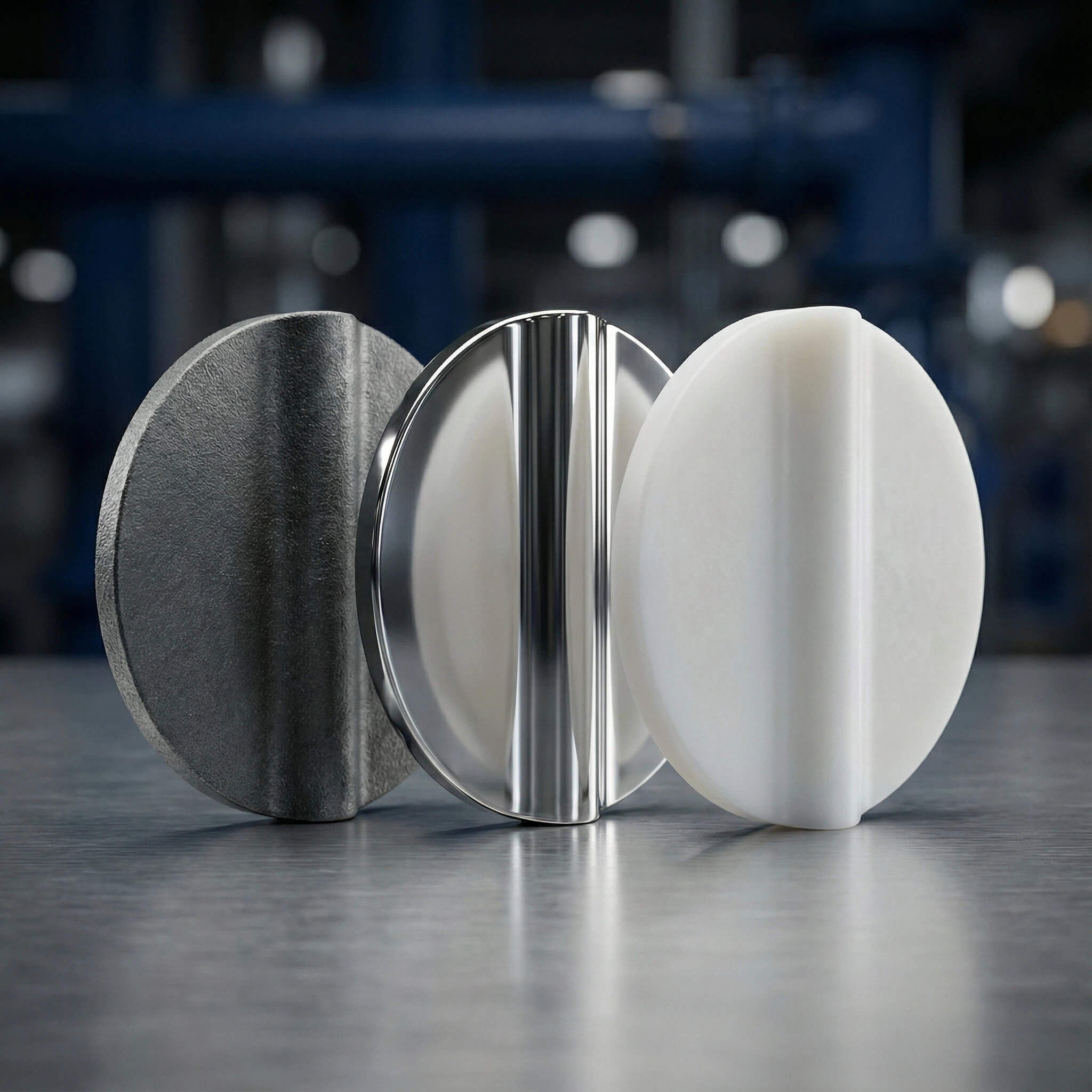 Three types of butterfly valve discs in different material options including stainless steel and polymer