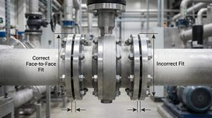 Butterfly valve installed between pipe flanges showing correct and incorrect face-to-face dimensions