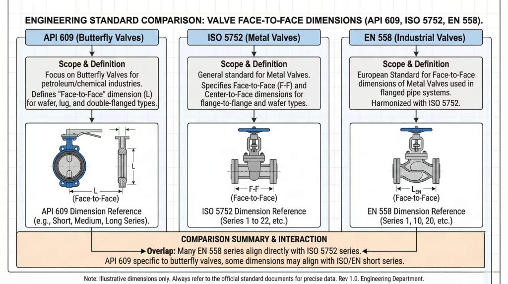 Engineering comparison of API 609, ISO 5752, and EN 558 standards governing butterfly valve face-to-face dimensions