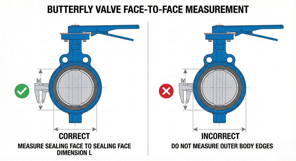 Correct and incorrect methods for measuring butterfly valve face-to-face length, showing sealing face to sealing face measurement versus outer body edge measurement