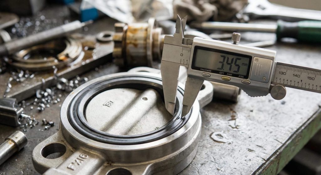 Digital caliper measuring butterfly valve face-to-face dimension at the sealing surface