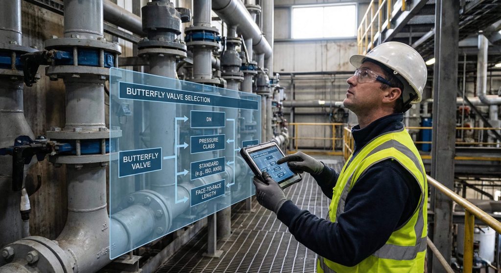Engineer selecting butterfly valve face-to-face size by checking nominal diameter, pressure class, standard, and available installation space