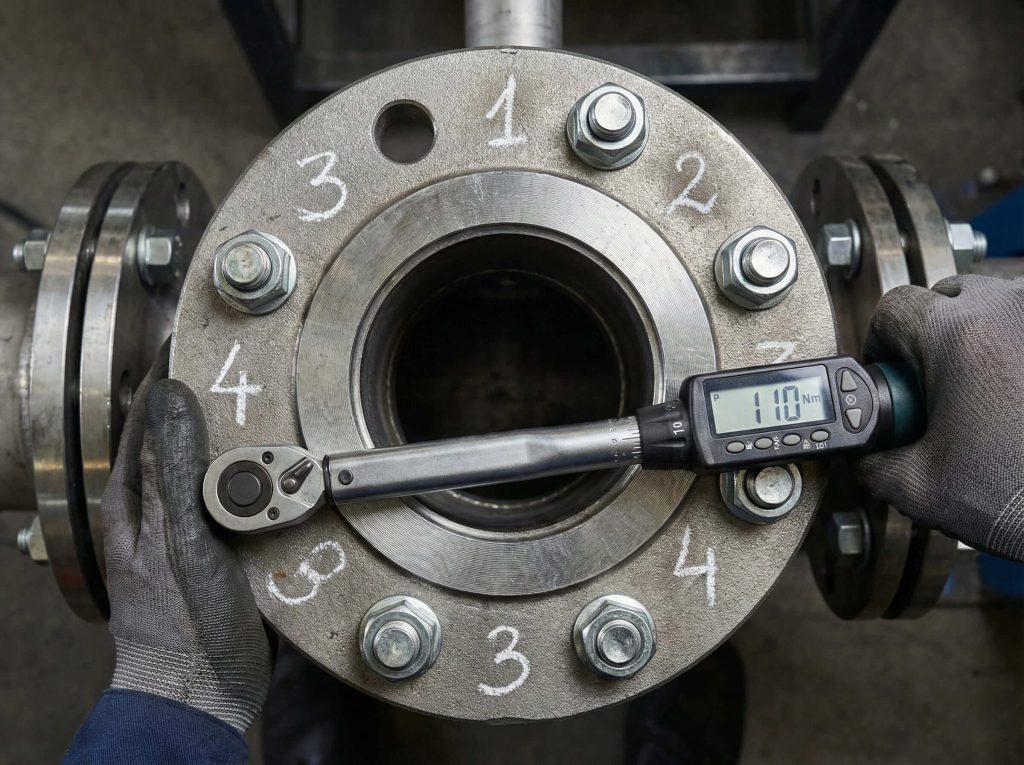 Mechanic using a digital torque wrench to tighten flange bolts in a numbered star pattern sequence.