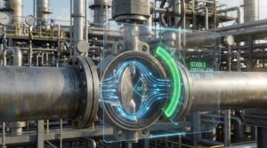 Industrial butterfly valve in a refinery with a holographic overlay highlighting the stable 30-70% control zone.