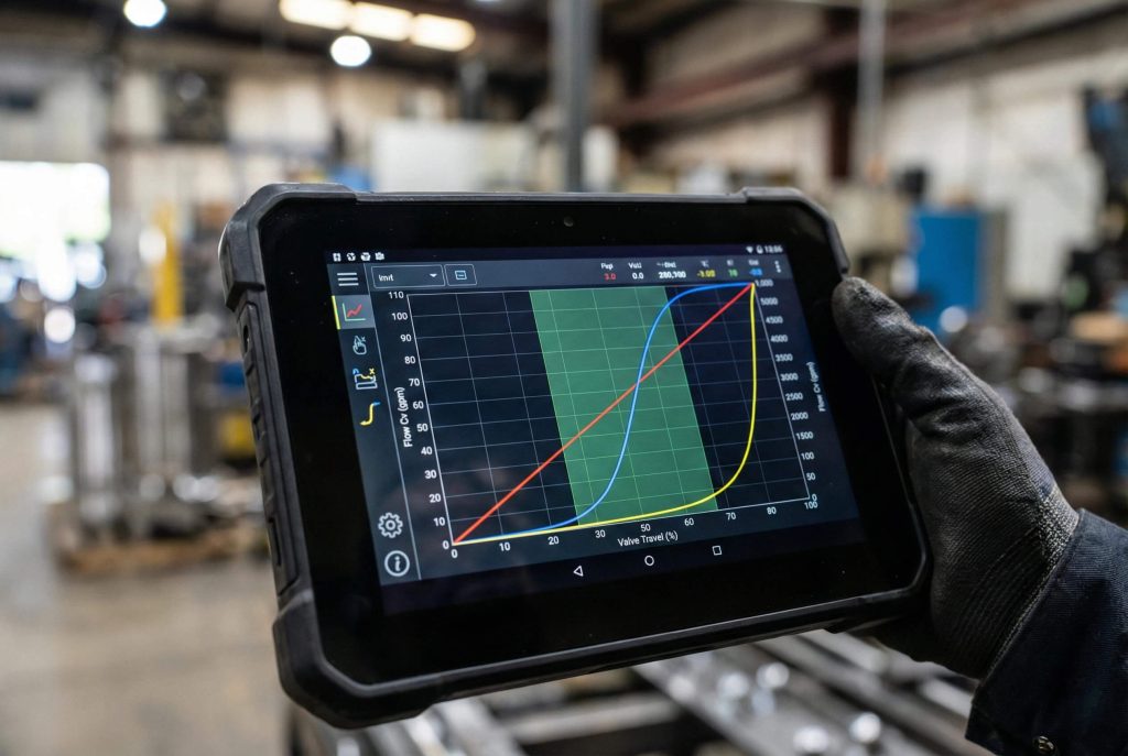 A technical split-screen comparison showing a butterfly valve's inherent flow curve in a lab versus its flattened installed flow characteristic in a complex industrial piping system.