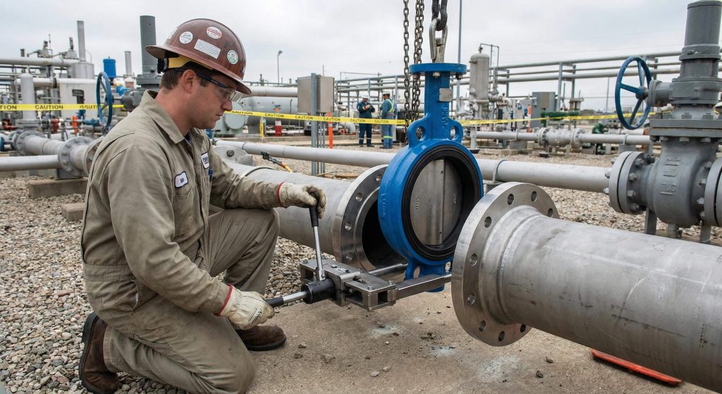 Technician installing a butterfly valve between pipe flanges to achieve correct face-to-face fit