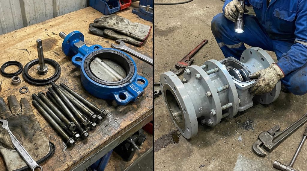 Split-screen comparison showing a disassembled wafer valve on a bench versus an in-line inspection of a lug style valve.