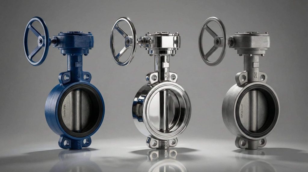 Three butterfly valves displayed in Carbon Steel, Stainless Steel, and Duplex Alloy materials.