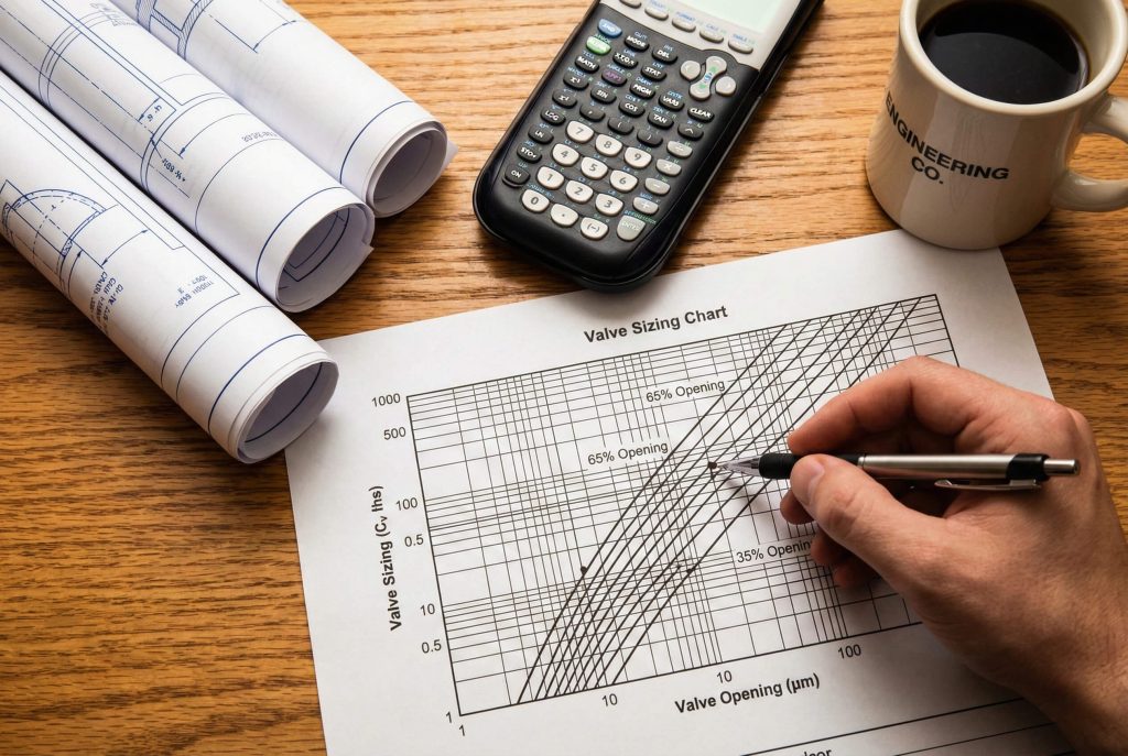 An engineer's desk with blueprints, a calculator, and a valve sizing chart focusing on the 65% opening point for maximum design flow.