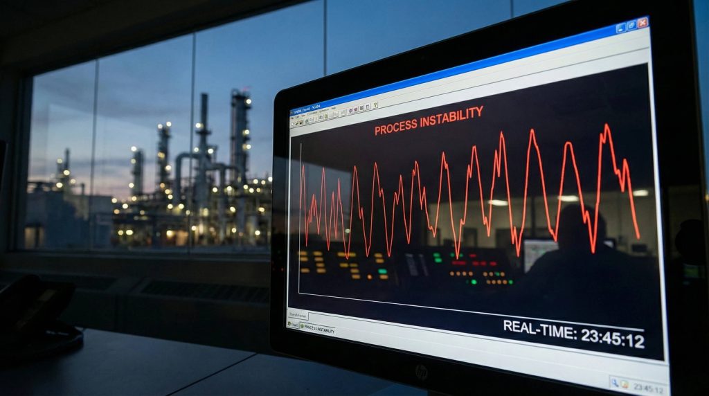 A SCADA monitor in a refinery control room displaying an oscillating process trend line labeled "Process Instability," illustrating valve hunting caused by high gain at low opening angles.