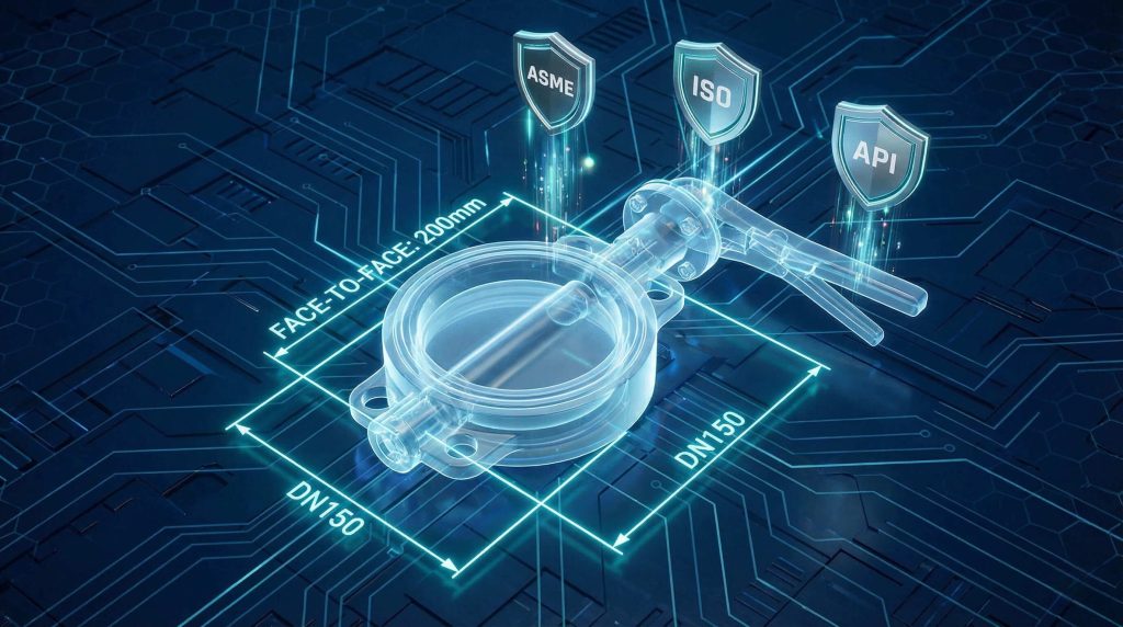 3D infographic illustration showing butterfly valve face-to-face dimensions governed by ASME, ISO, and API standards.