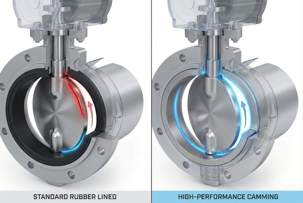 Comparison diagram showing friction in standard rubber-lined valves versus camming action in high-performance butterfly valves.