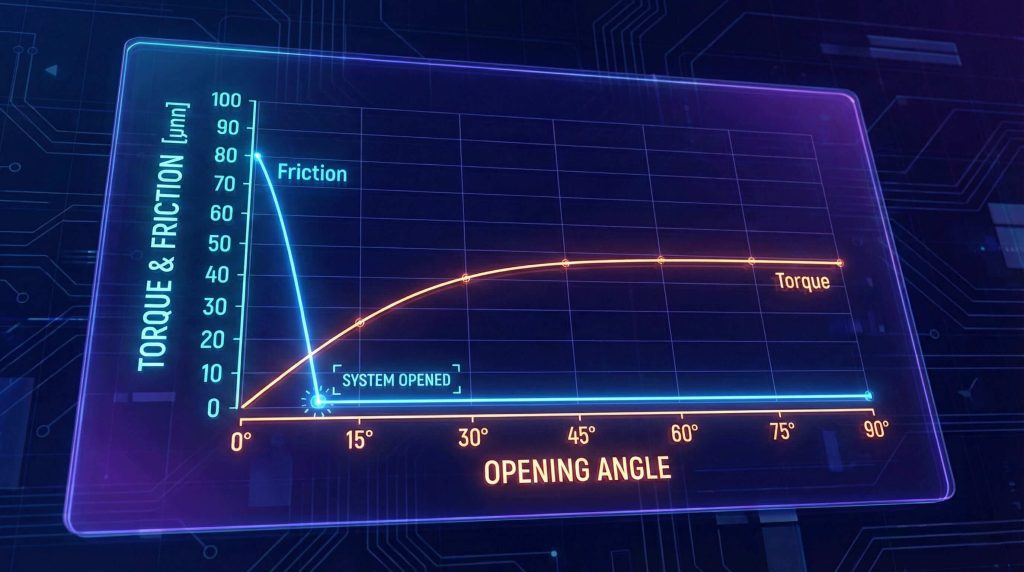 Data visualization chart showing the reduction of torque and friction in double offset butterfly valves during opening.