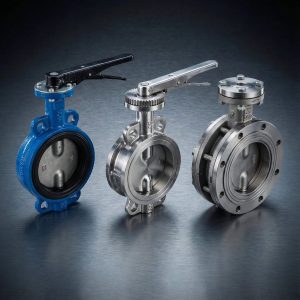 Various industrial butterfly valves including wafer, lug, and double flanged types