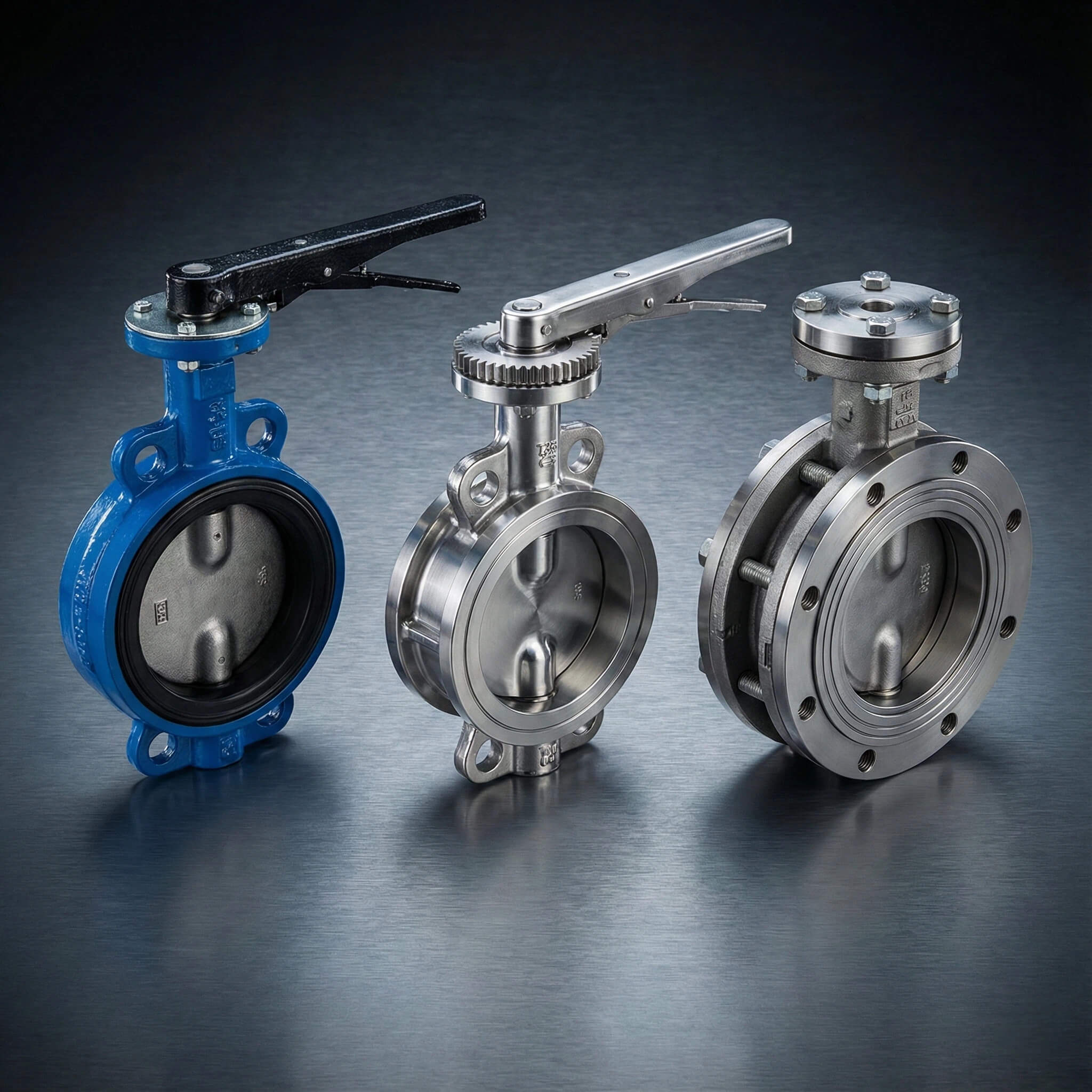 Various industrial butterfly valves including wafer, lug, and double flanged types