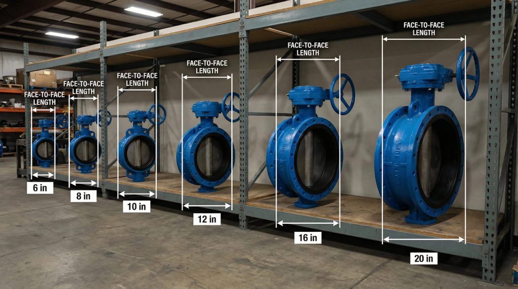 Class 150 butterfly valves in multiple sizes showing face-to-face length increasing with valve diameter