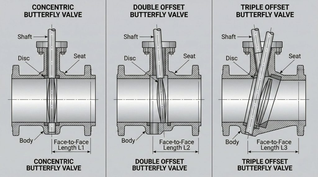 Comparison of concentric, double offset, and triple offset butterfly valves showing differences in face-to-face length and shaft position
