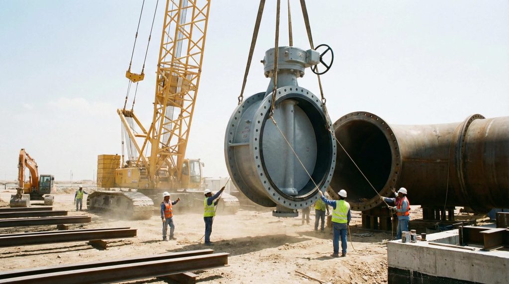 Large diameter double flanged butterfly valve being lifted by a crane for installation at an industrial construction site.