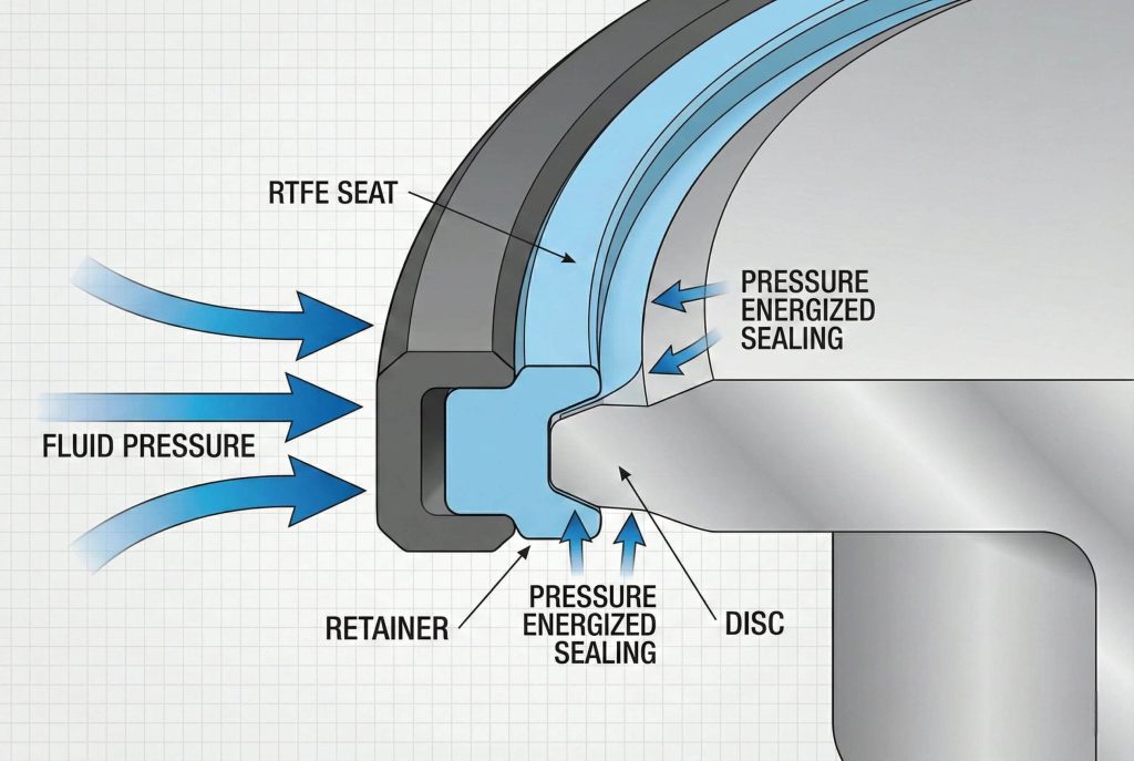Cross-section of a butterfly valve seat showing pressure-energized sealing against the disc.