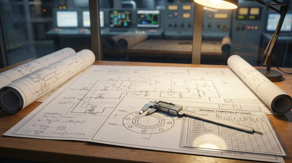 echnical valve design drawings and measurement tools in an industrial engineering office