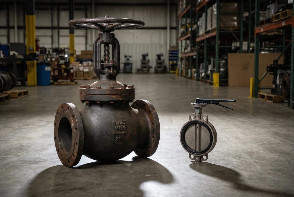 Side-by-side comparison on a warehouse floor of a massive 24-inch cast steel globe valve and a compact, lightweight butterfly valve.