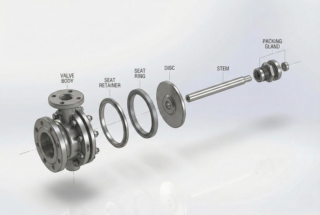 Exploded view of a butterfly valve showing body, seat retainer, seat ring, disc, stem, and packing gland.