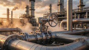 High-performance butterfly valve installed in an industrial piping system at a refinery during sunset.