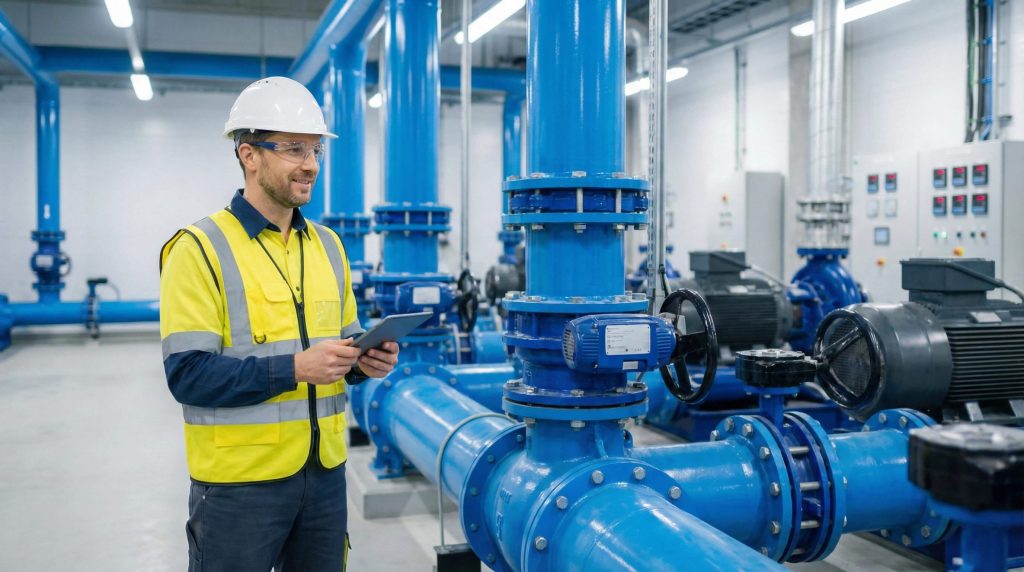 Engineer inspecting industrial water pipeline system with digital tablet