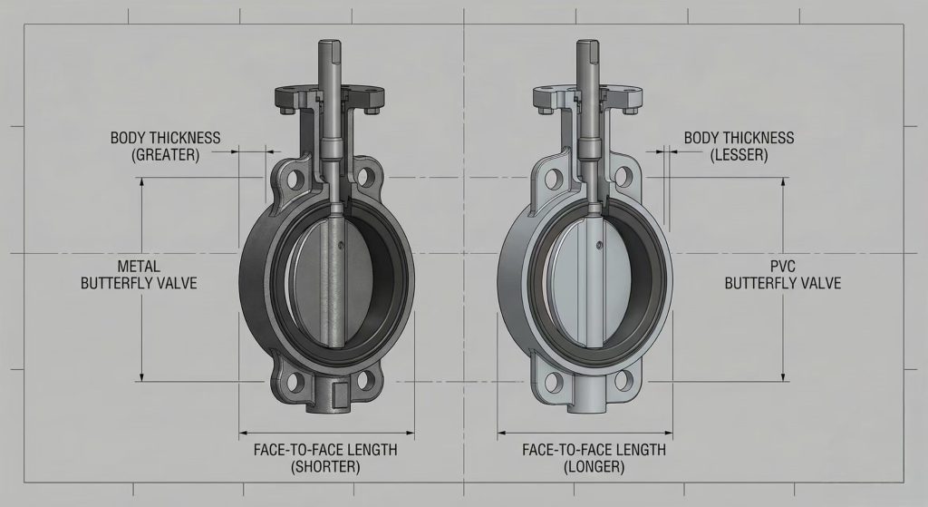 Comparison of metal and PVC butterfly valves showing differences in body thickness and face-to-face length for the same nominal diameter