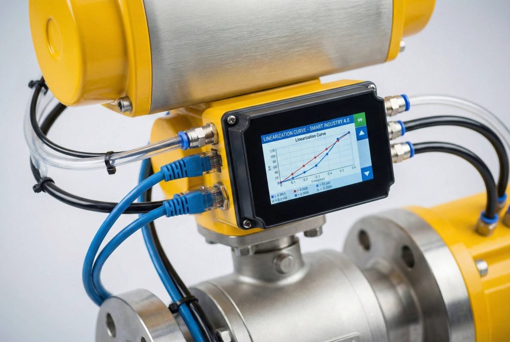 A high-performance pneumatic actuator with a digital positioner box displaying a linearization curve graph on an LCD screen.