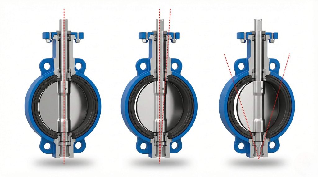 Triple offset butterfly valve stem and disc design alignment comparison