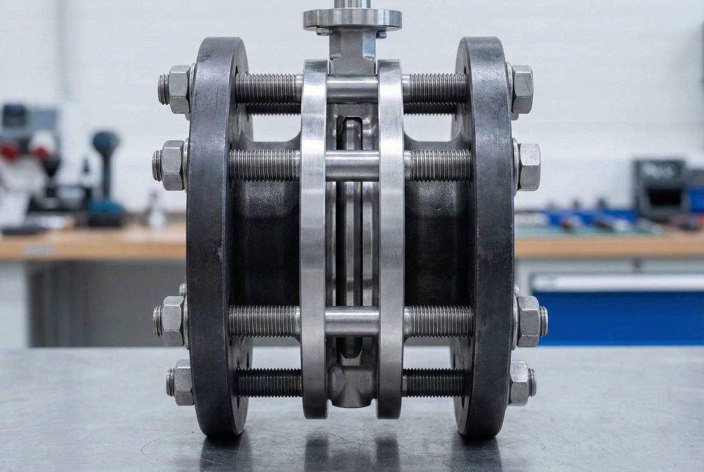 Close-up of a wafer butterfly valve installed between two steel pipe flanges using long through-bolts.
