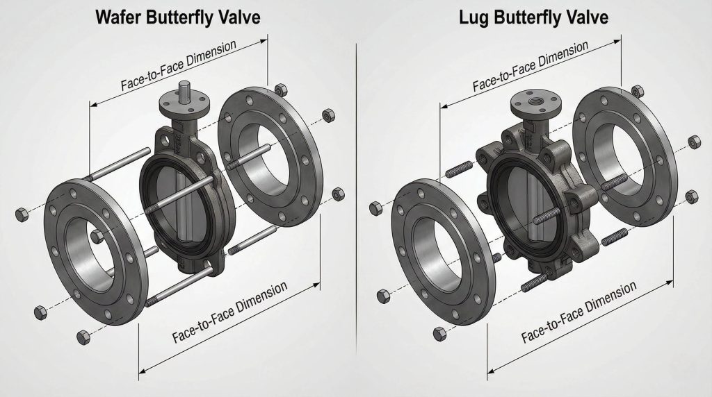 Comparison of wafer and lug butterfly valves showing similar face-to-face dimensions and different bolting designs