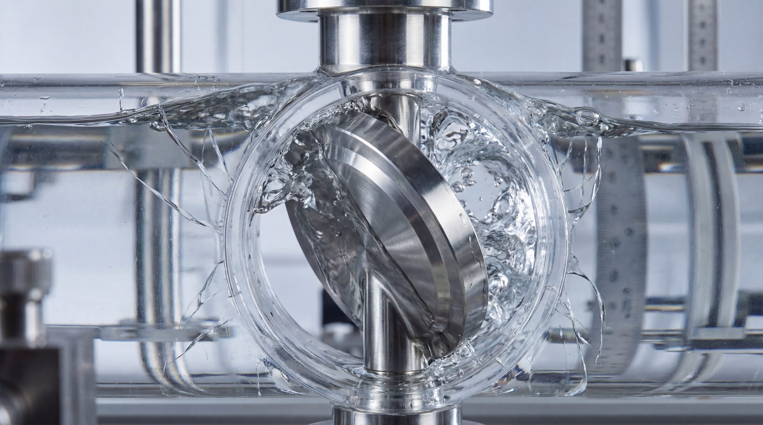 A detailed close-up of a butterfly valve disc at a 45-degree angle in a transparent pipe, showing turbulent flow and bubble formation.