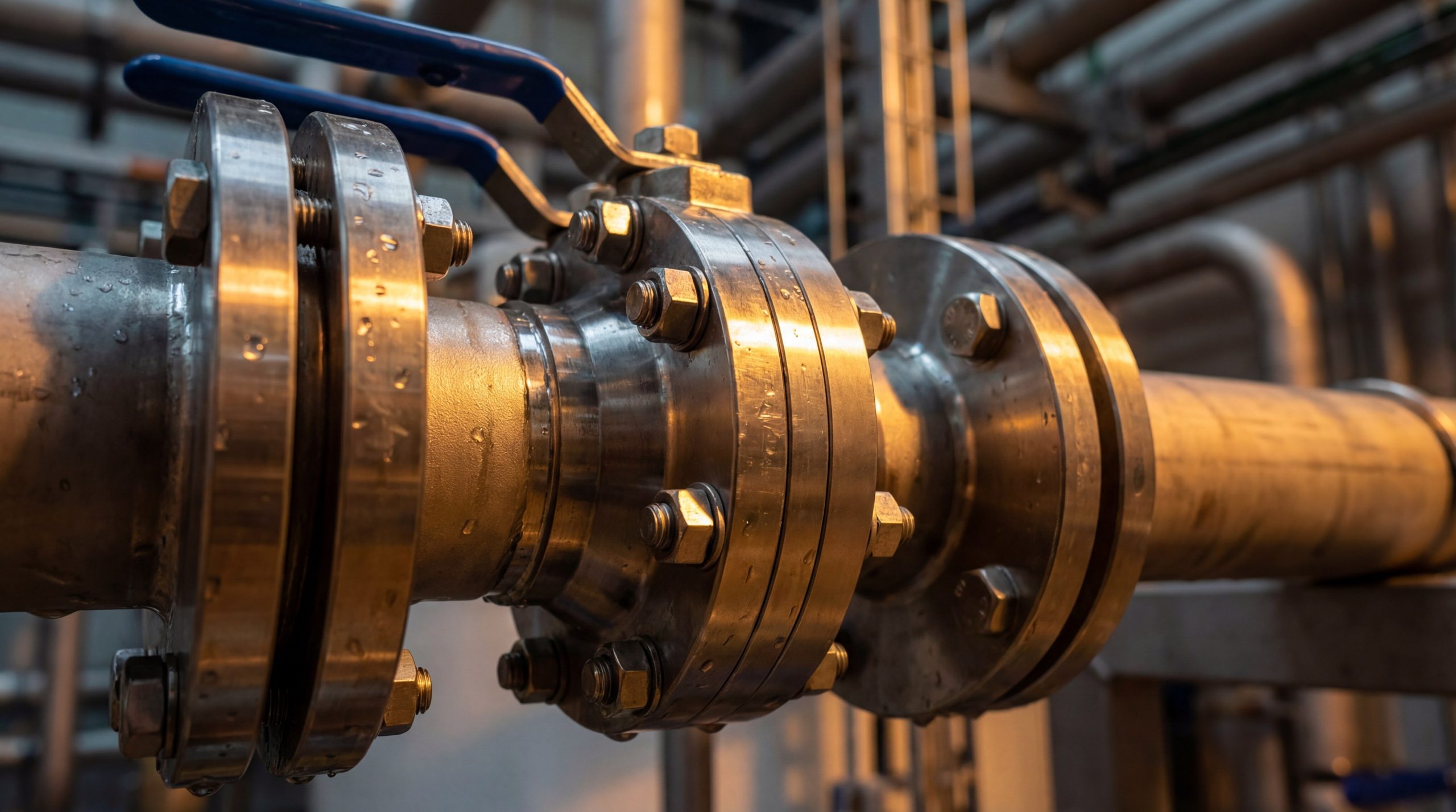 Close up of an industrial butterfly valve showing the heavy-duty bolting on the flange assembly