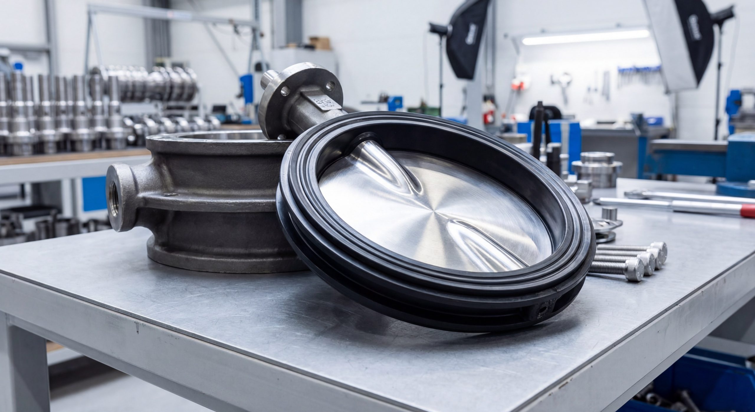 Photorealistic close-up of a high-performance butterfly valve showing the polished stainless steel disc.