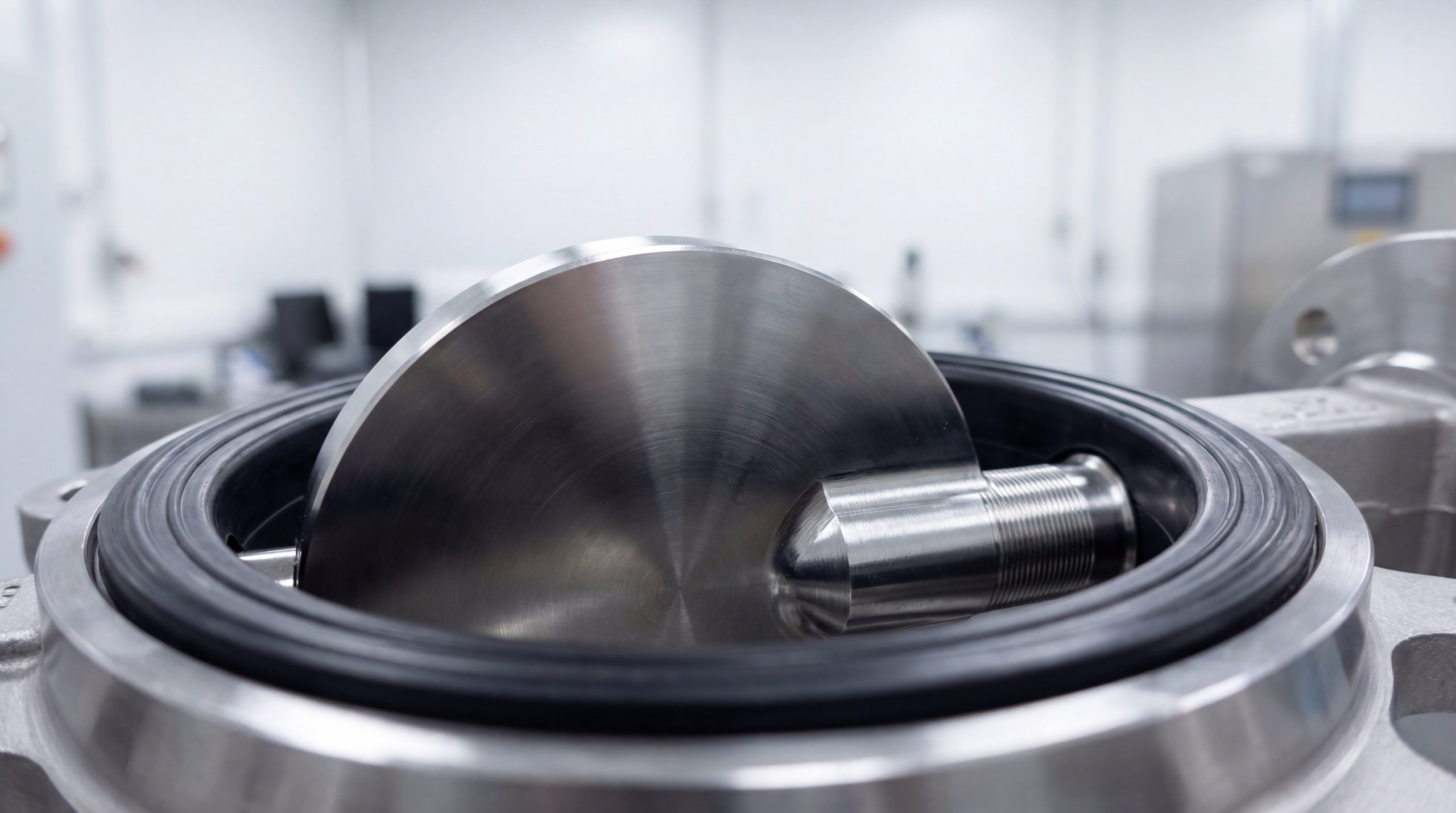 Close-up of a butterfly valve's stainless steel disc and EPDM seat interface