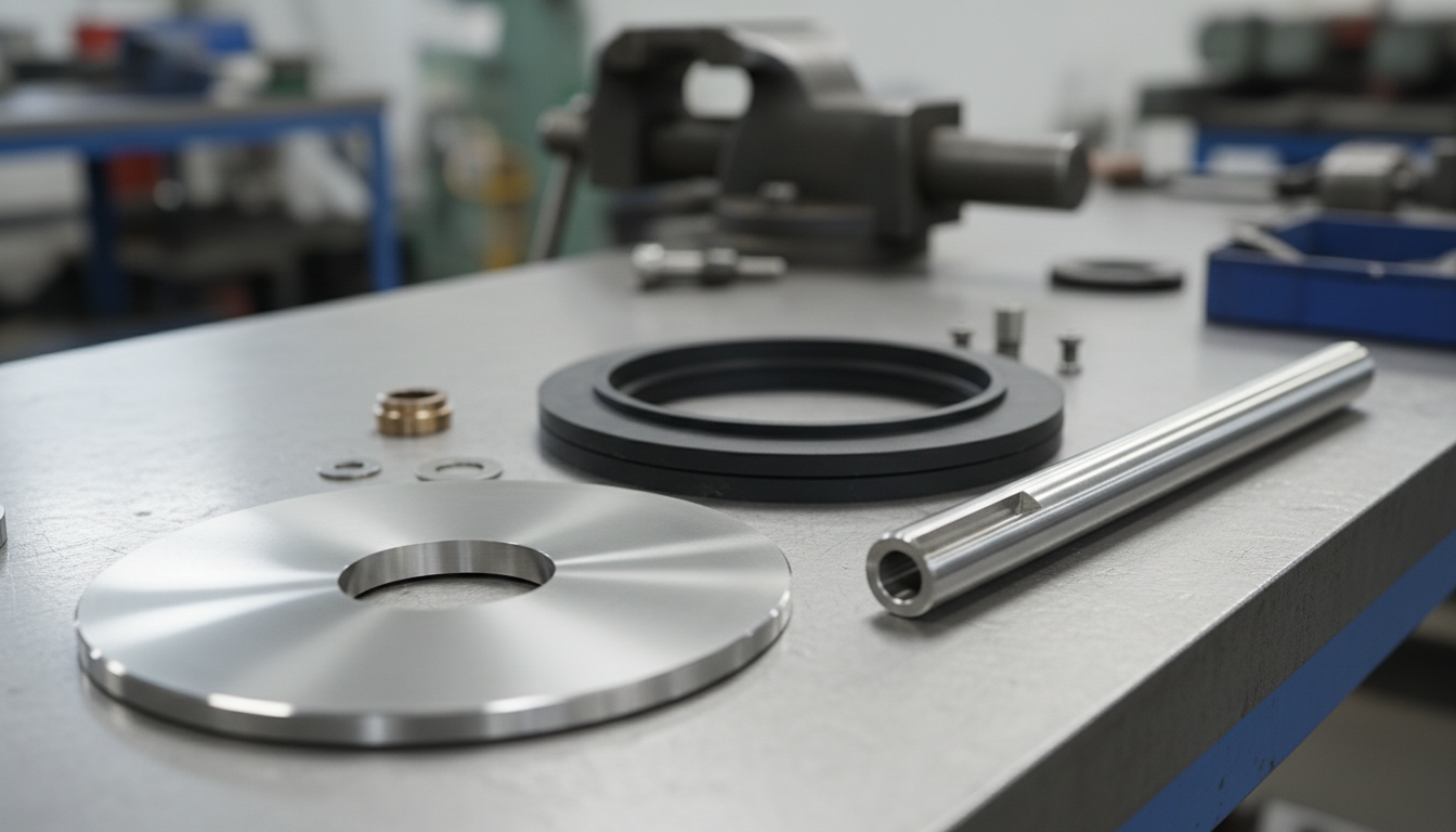 Disassembled butterfly valve components including the disc, stem, and seat on a workbench