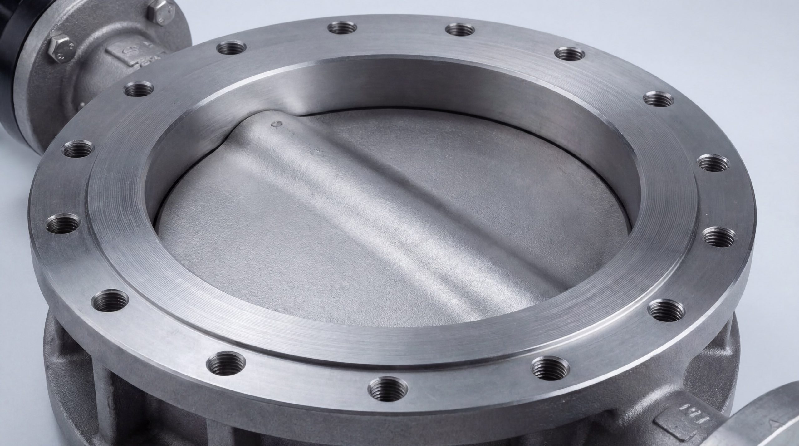 Image 1: Close-up of a flanged butterfly valve disc and seat