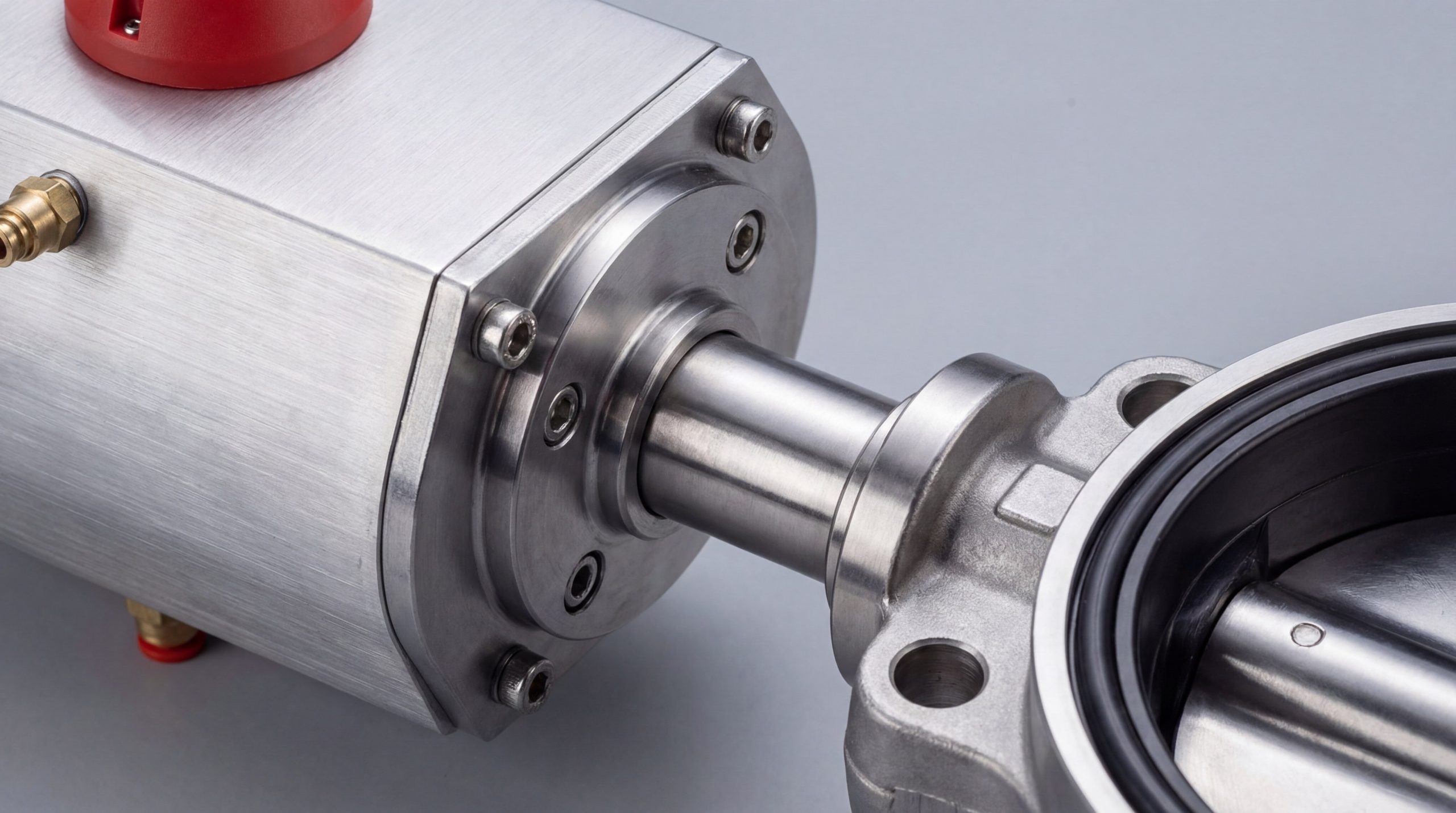 Illustration of a high-pressure hydraulic actuator mounted on a large-scale butterfly valve