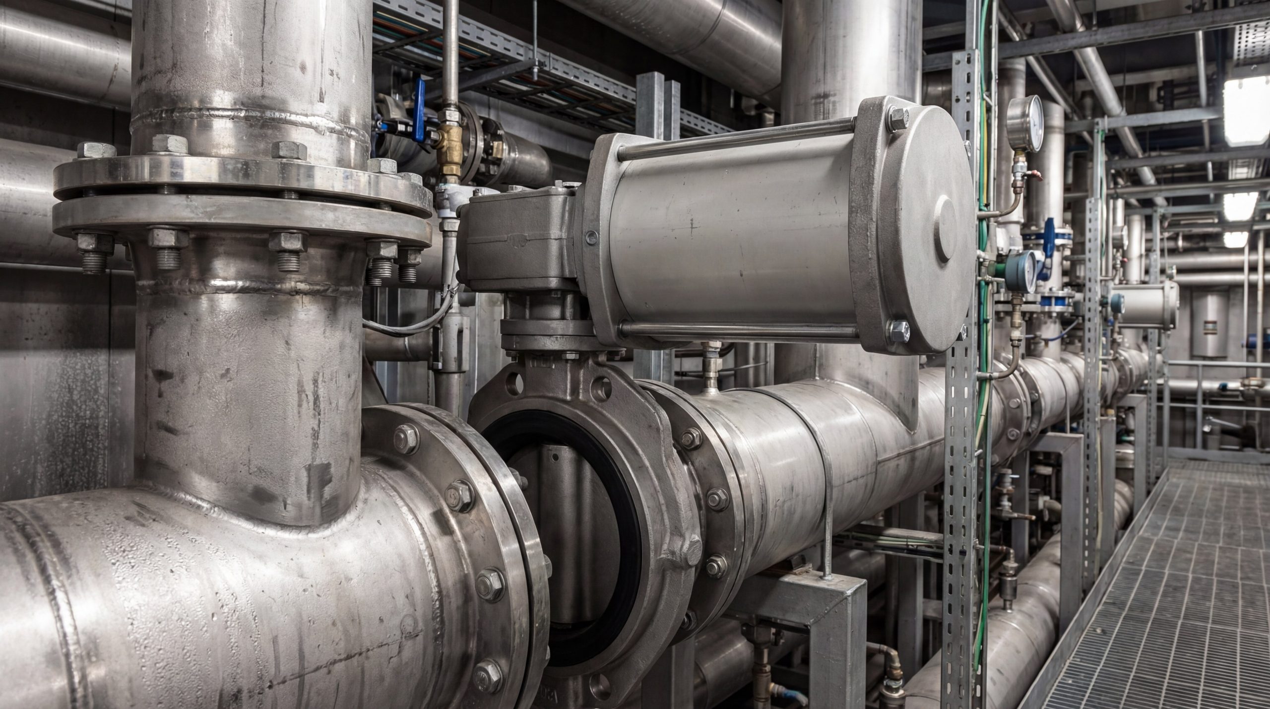 An industrial piping system featuring a large actuated butterfly valve installed on a stainless steel line