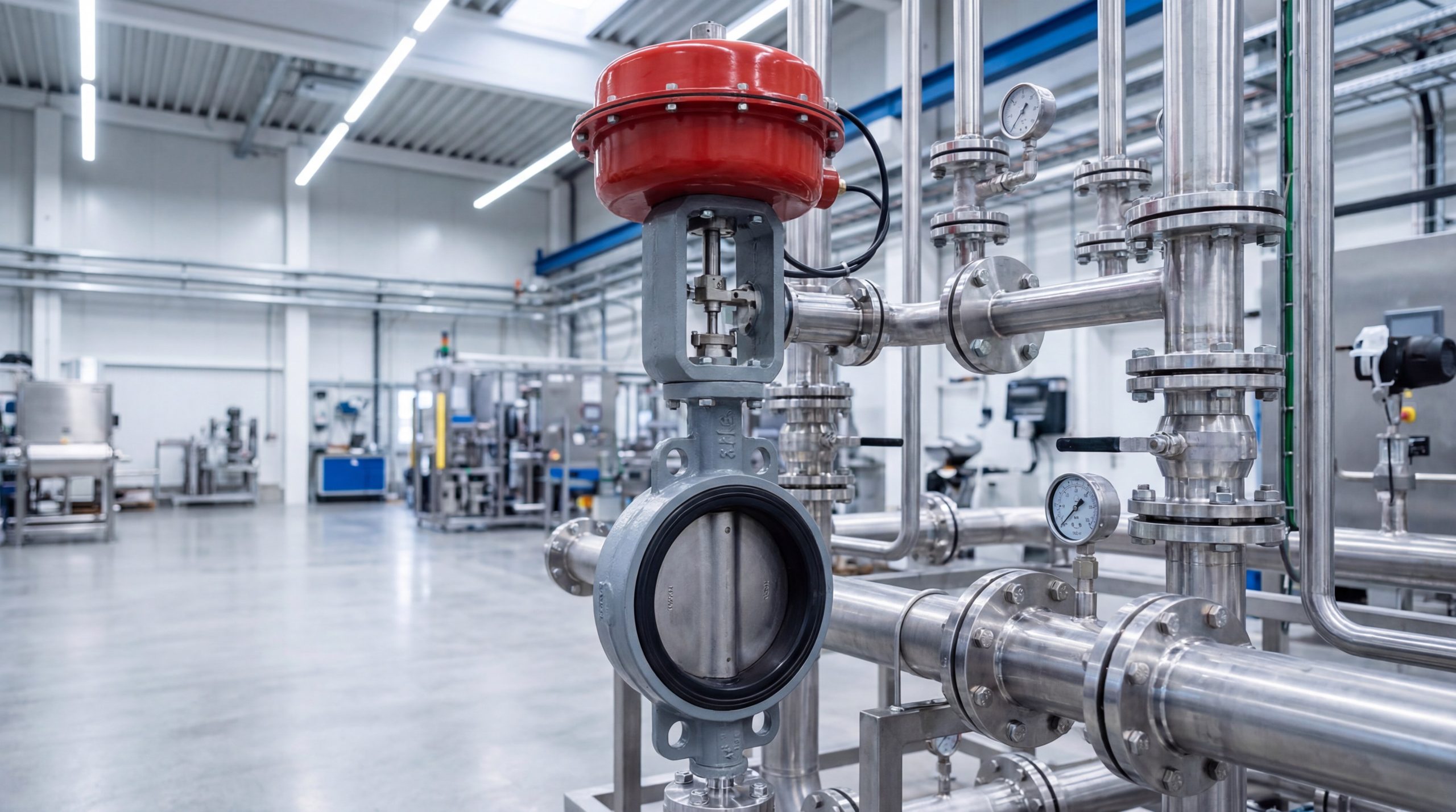 Industrial butterfly control valve integrated into a complex stainless steel piping system with automation