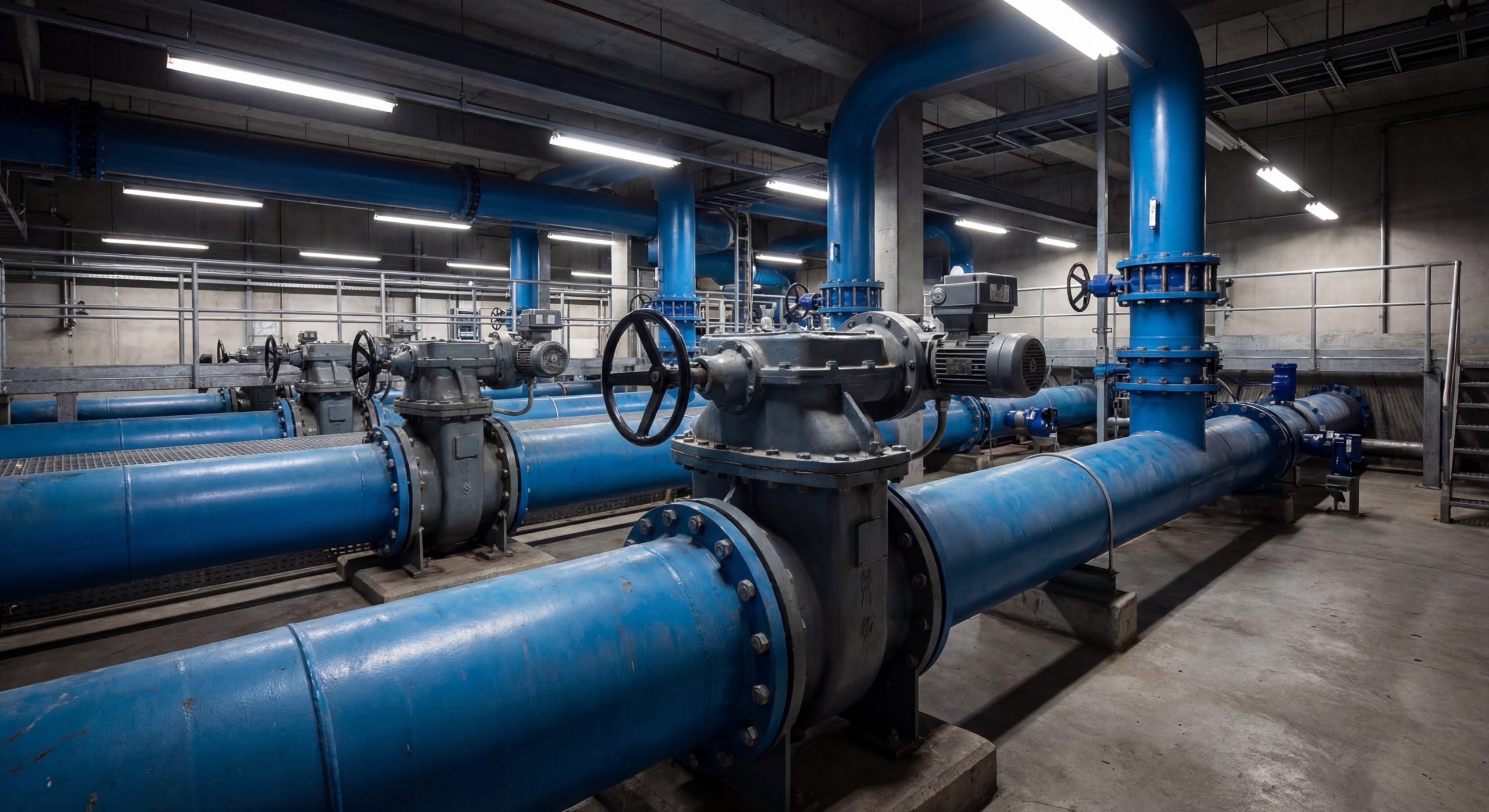 Industrial butterfly valves installed in a water treatment facility