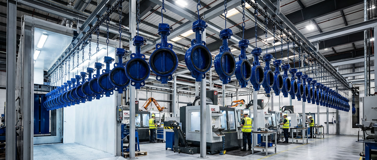 A wide-angle, photorealistic shot of an industrial automated coating line for large-diameter valves. Multiple DN600 butterfly valves in vibrant industrial blue epoxy coating are suspended from an overhead conveyor system.
