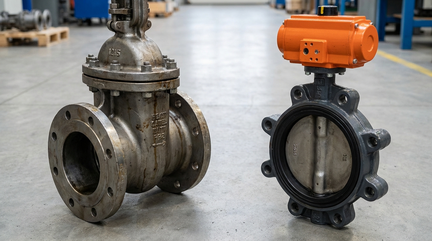 Industrial valve comparison showing a large gate valve and a compact butterfly valve side-by-side