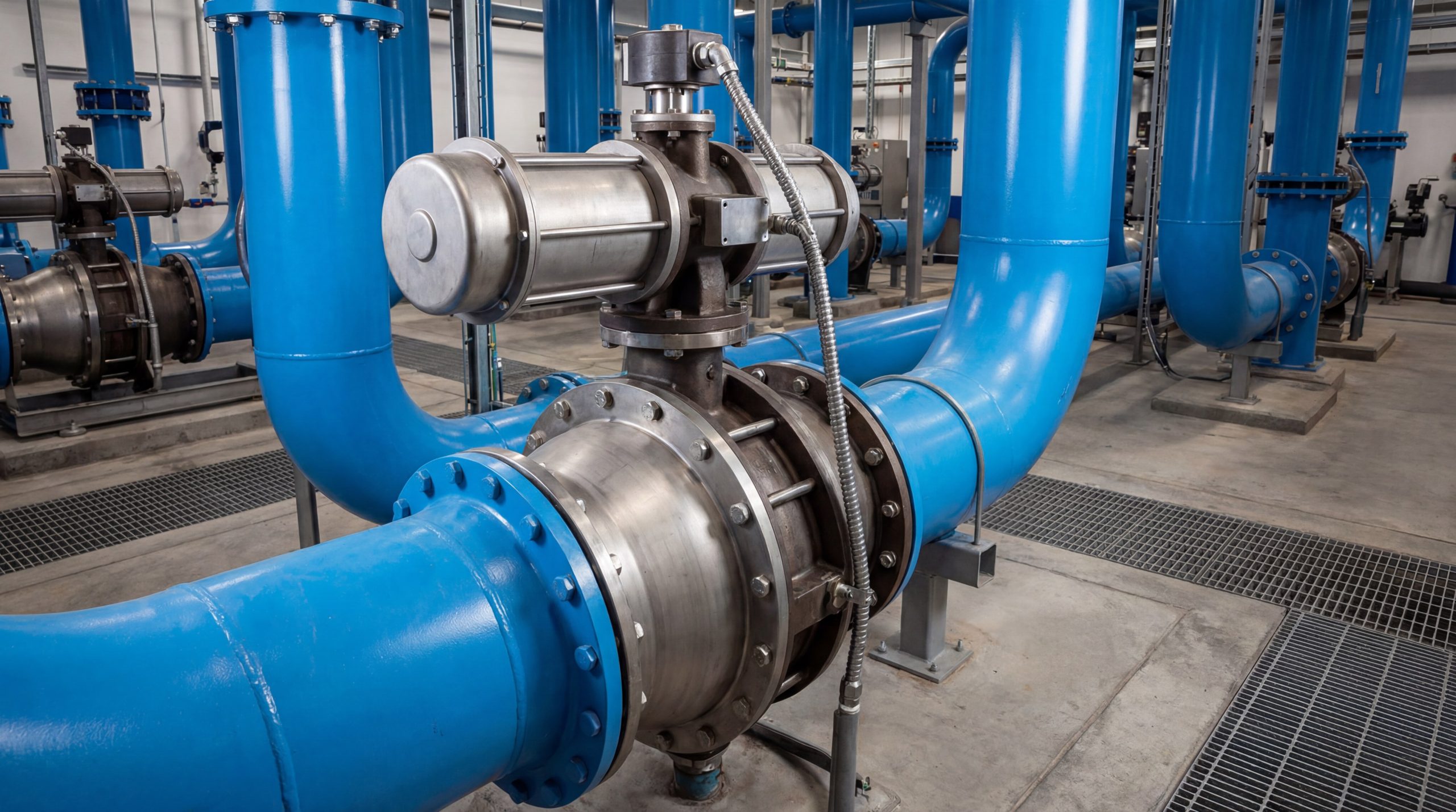 Industrial water treatment facility using automated butterfly valves for main header control