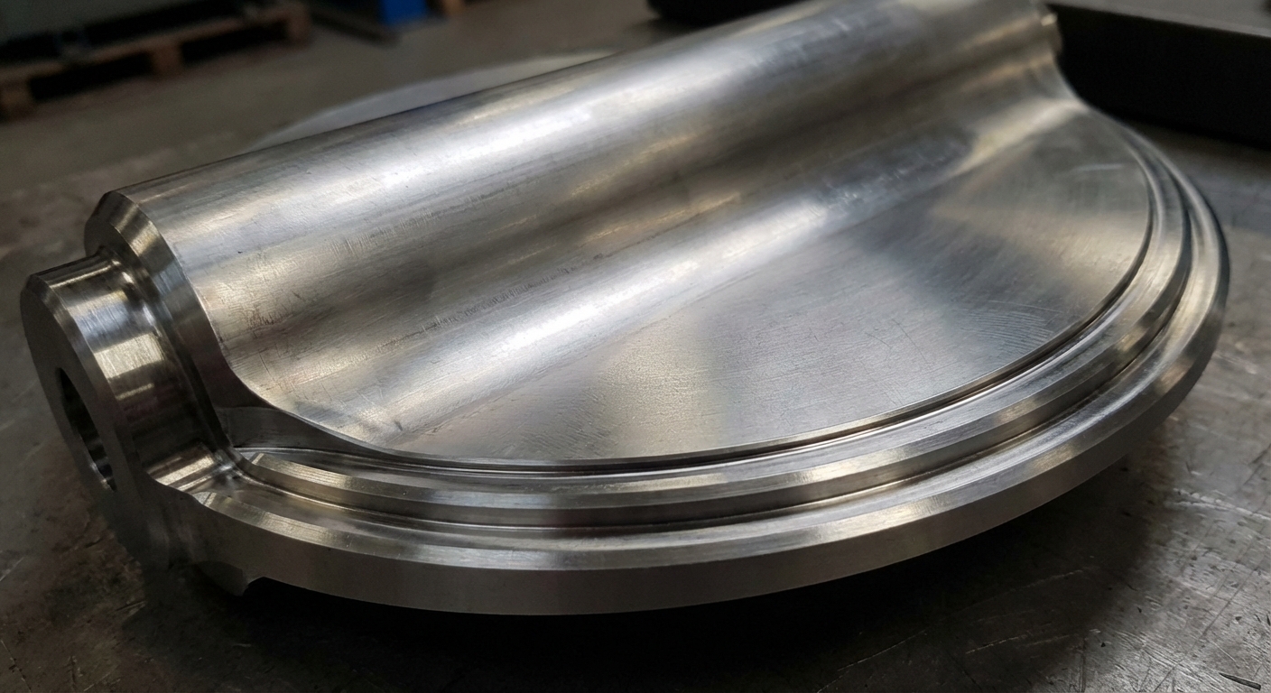 Photorealistic close-up of a triple offset butterfly valve disc showing the precision-machined sealing edges and streamlined profile.