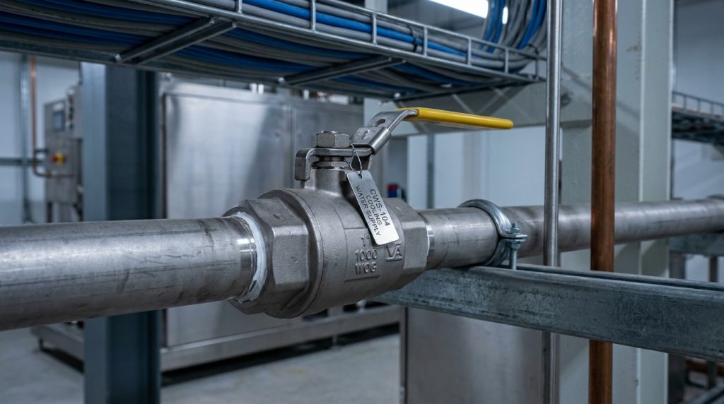 Two-piece stainless steel ball valve installed in a compact utility pipeline