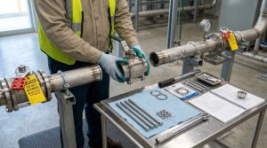 Technician removing the center body of a three-piece ball valve from an isolated pipeline